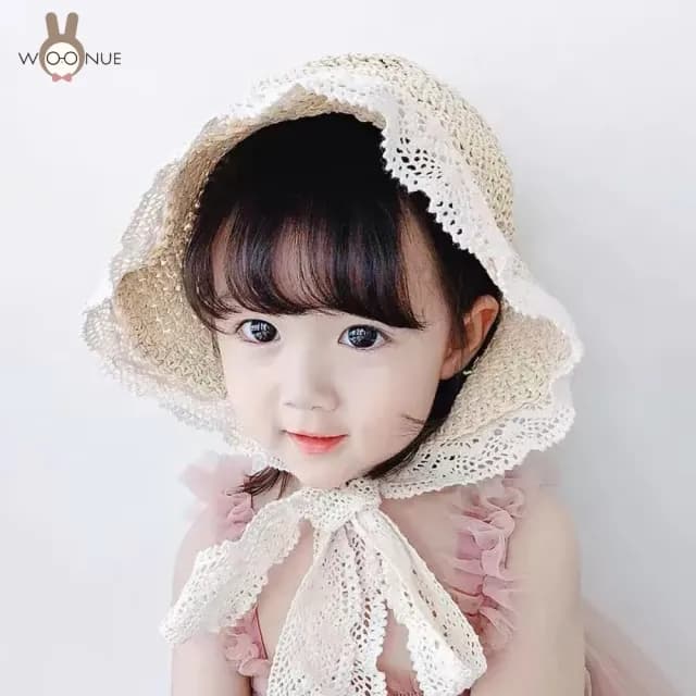 【WOONUE】女童可愛夏天蕾絲優雅草帽 無毒親膚透氣材質獨家設計版型(遮陽海邊出遊必備女兒禮物)