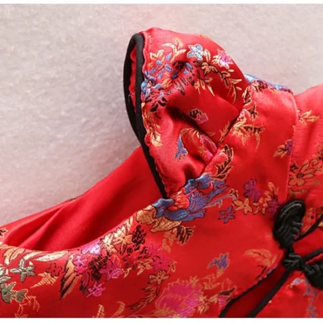 【橘魔法】彩色牡丹旗袍小包袖中國結拼接紗裙洋裝(連衣裙 旗袍 童裝 過年 喜宴 週歲 新年裝 女童 拜年服)