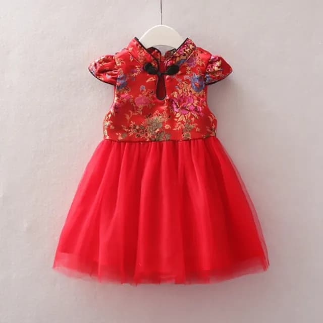 【橘魔法】彩色牡丹旗袍小包袖中國結拼接紗裙洋裝(連衣裙 旗袍 童裝 過年 喜宴 週歲 新年裝 女童 拜年服)