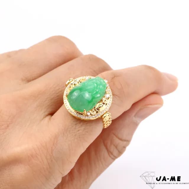 【JA-ME】天然A貨翡翠冰種陽綠招財貔貅18k金鑽石戒指項鍊兩用款國際圍12(77購物節/禮物/現貨)