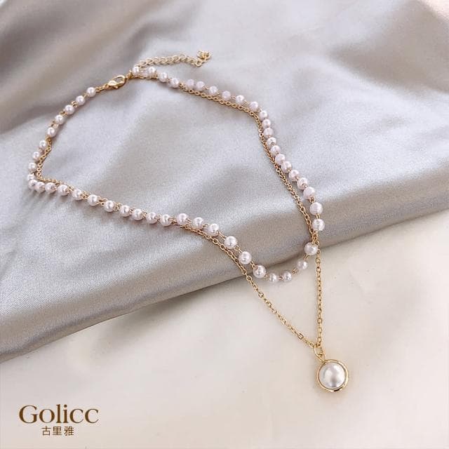 【Golicc】項鍊 雅典娜 雙層珍珠 鎖骨鍊(母親節 生日 情人節 鎖骨鍊 項鍊 飾品 禮物)