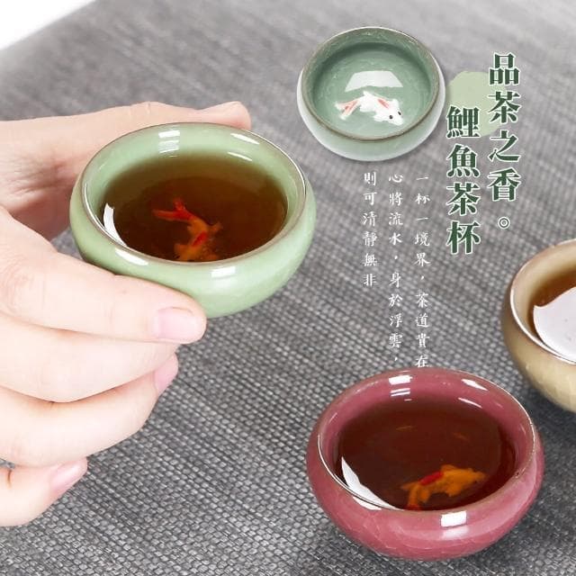 【古之茶道】冰裂紋理質感浮雕鯉魚茶杯4入(陶瓷 水杯 泡茶 沖茶 露營 茶具 擺飾 禮物 品茶 湯吞杯 小杯子)