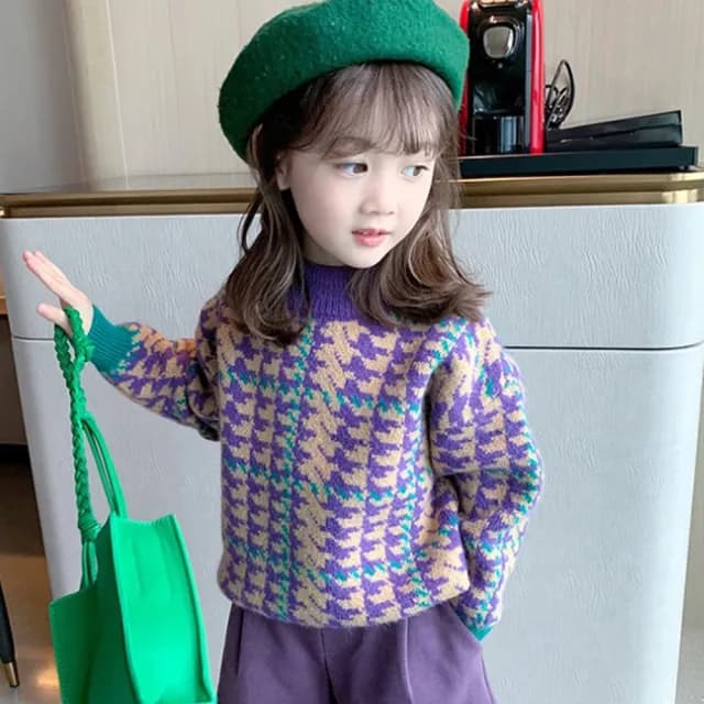 【橘魔法】紫繽紛千鳥紋中高領針織毛衣(大童 針織 長袖  毛衣 線衫 女童 童裝 兒童 上衣 保暖 厚)