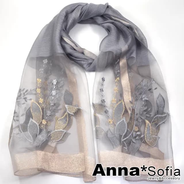 【AnnaSofia】真絲羊毛混紡大尺寸披肩絲巾圍巾-揚葉織花 現貨(銀灰系)