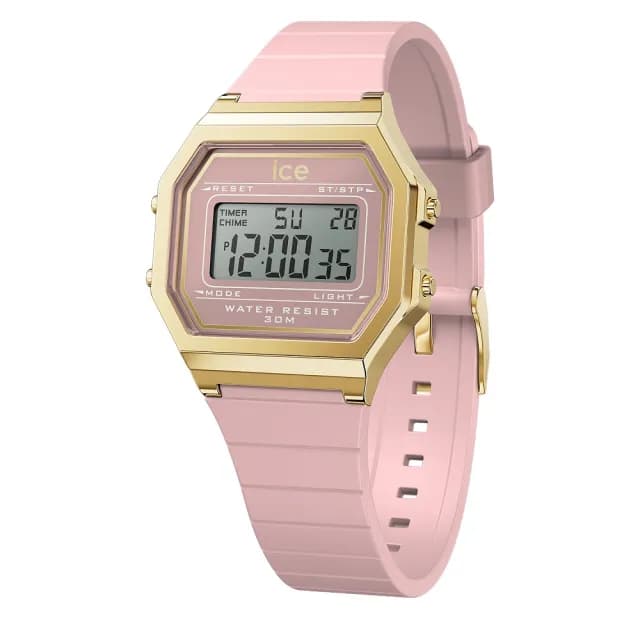 【Ice-Watch】ICE DIGIT RETRO系列 復古金框矽膠電子錶 32mm(粉紅色 七夕禮物 情人節)