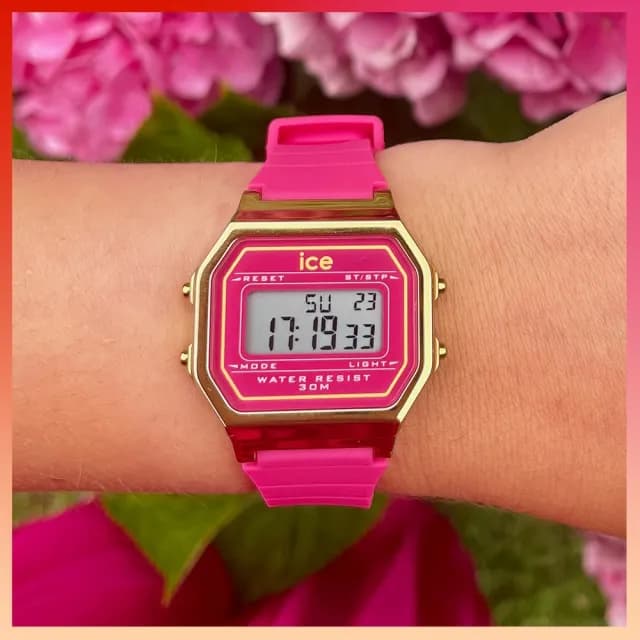 【Ice-Watch】ICE DIGIT RETRO系列 復古金框矽膠電子錶 32mm(粉紅色 七夕禮物 情人節)