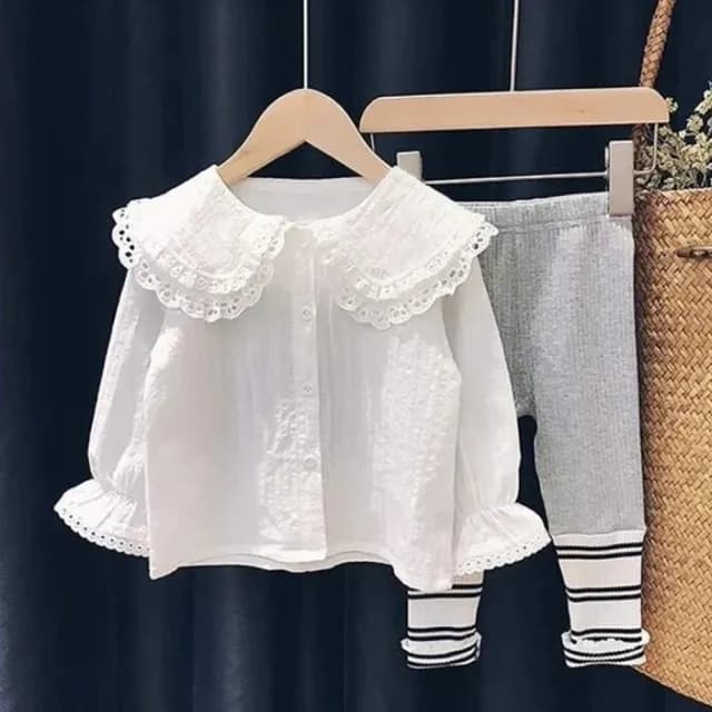 【橘魔法】氣質蕾絲領長袖襯衫(薄長袖 荷葉袖 長袖上衣 白色襯衫 女童 兒童 童裝)