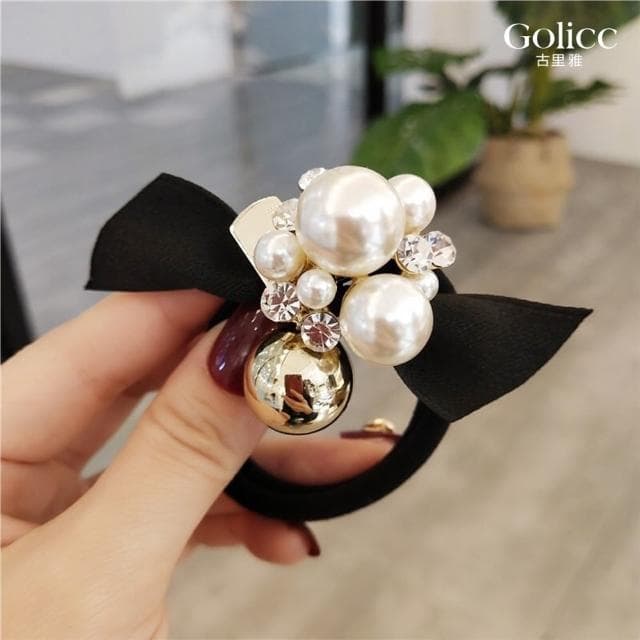 【Golicc】髮圈 小香風 珍珠水鑽氣質 高馬尾(母親節 生日 情人節 髮飾 髮帶 飾品 禮物)