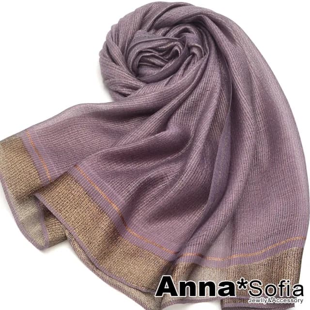 【AnnaSofia】仿真絲大尺寸披肩絲巾圍巾-金絲直紋線 現貨(藕紫粉系)