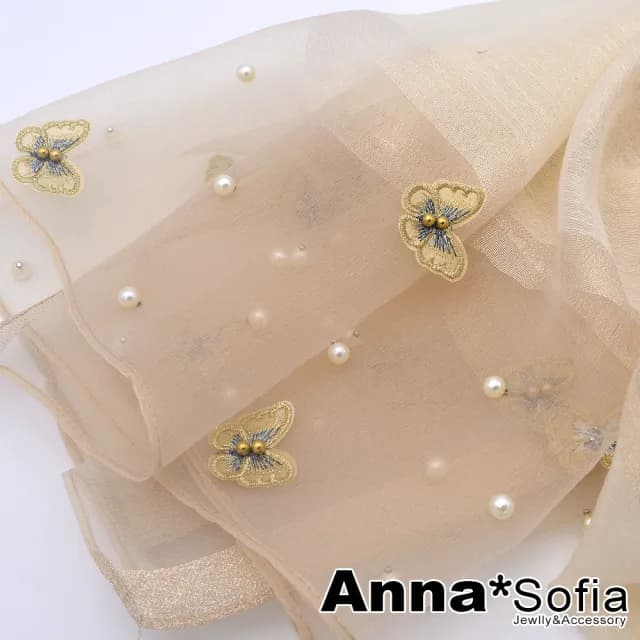 【AnnaSofia】真絲羊毛混紡大尺寸披肩絲巾圍巾-立體蝶飛手工釘珠 現貨(杏系)