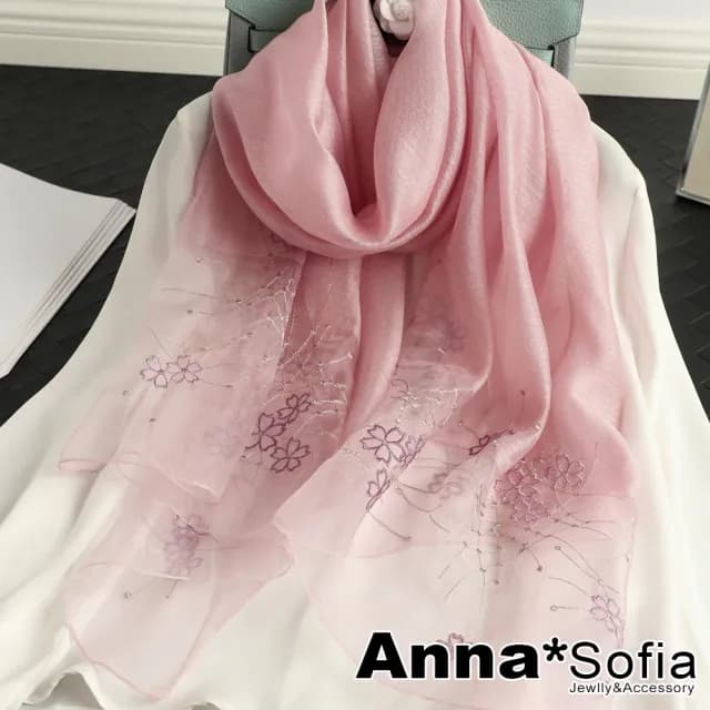 【AnnaSofia】真絲羊毛混紡大尺寸披肩絲巾圍巾-櫻花繡閃絲 現貨(粉系)