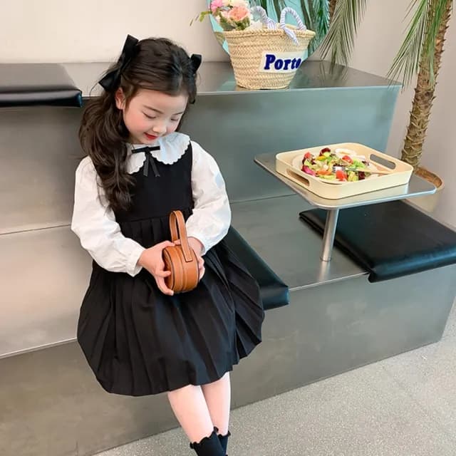 【橘魔法】翻領雲朵花邊黑蝴蝶結長袖襯衫(薄長袖 大童 長袖上衣 學生 制服 中童 女童 童裝)