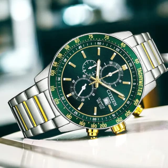 【CITIZEN 星辰】限量 賽車三眼計時手錶 男錶 綠色 44mm 禮物 推薦(AN3689-55X)