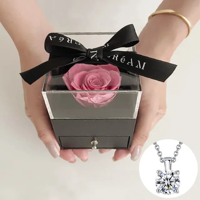 【CReAM】Letitia永生花純銀施華洛世奇水晶鋯石女項鍊玫瑰花禮盒(生日 禮物 送禮 禮盒)