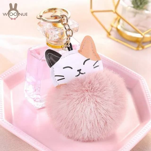 【WOONUE】1入高品質貓咪皮革絨毛球金桃花動物皮包背包鑰匙圈掛飾(兒童情人節朋友愛貓婚禮小物生日禮物)