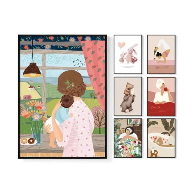 【菠蘿選畫所】母親節療癒插畫系列 - 42x60cm(居家裝飾複製畫/兔子插畫裝飾壁畫/母親節禮物)