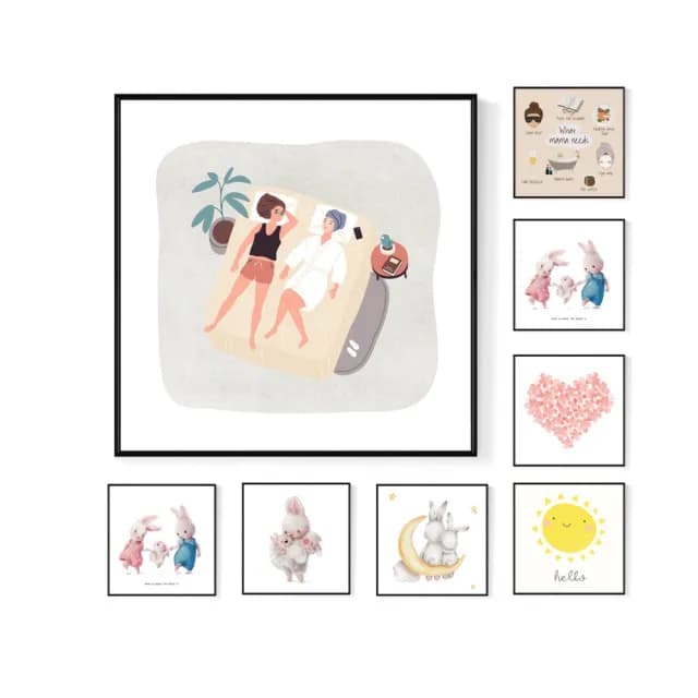 【菠蘿選畫所】母親節溫馨方形系列裝飾畫 - 40x40cm(居家裝飾/複製畫/兔子插畫裝飾壁畫/母親節禮物)