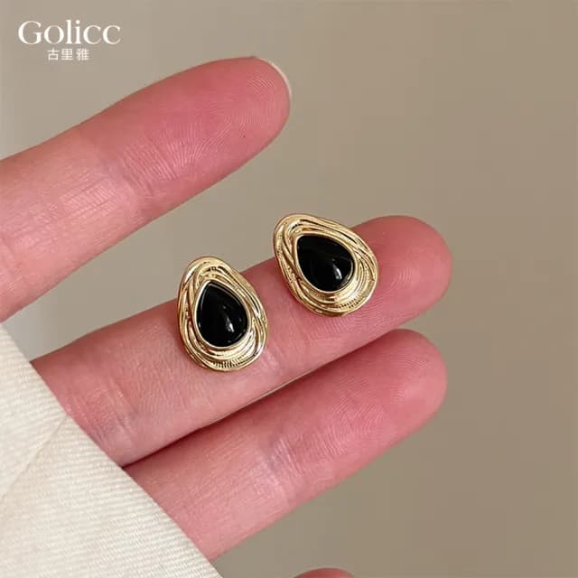 【Golicc】耳環 中古 黑金色系 輕奢(99購物限定 生日 飾品 耳釘 耳飾 耳墜 禮物)