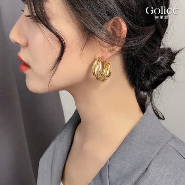 【Golicc】耳環 金色多層次 幾何圓(七夕 情人節 生日 飾品 耳釘 耳飾 耳墜 禮物)