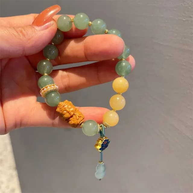【LEESA】情人節禮物 七夕 葫蘆吊墜\守護神手鍊\綠東陵玉\手串\民族風\手鍊\開運手鍊\招財手鍊\印度玉手鍊\