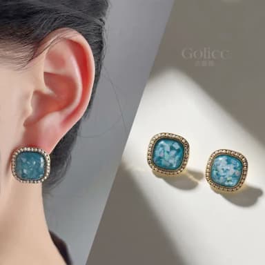【Golicc】耳環 復古淡藍琥珀 貝殼碎片(母親節 生日 情人節 飾品 耳釘 耳飾 耳墜 禮物)