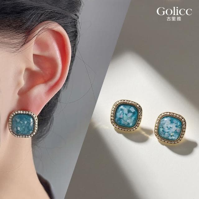 【Golicc】耳環 復古淡藍琥珀 貝殼碎片(母親節 生日 情人節 飾品 耳釘 耳飾 耳墜 禮物)