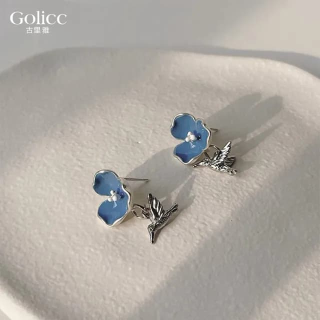 【Golicc】耳環 法式 藍色花朵 小鳥(七夕 情人節 生日 飾品 耳釘 耳飾 耳墜 禮物)