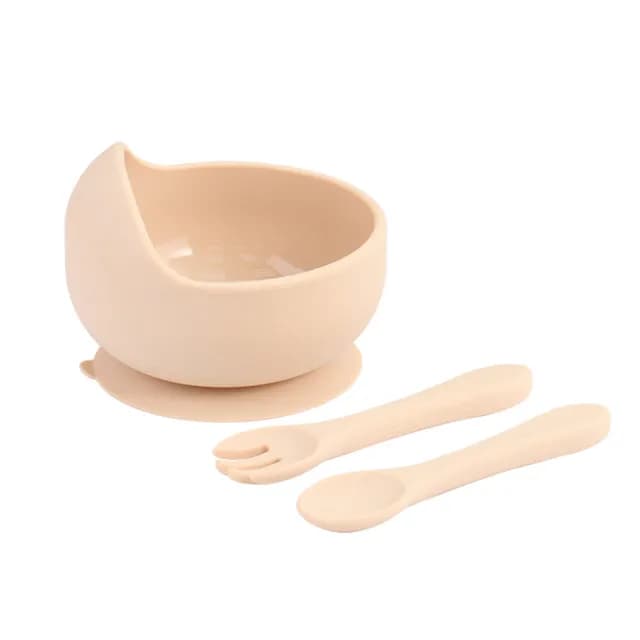 【幼兒學習】寶寶矽膠吸盤碗-附湯叉(食品級 防打翻 練習碗 學習碗 嬰兒碗 兒童碗 寶寶碗 兒童學習餐具)