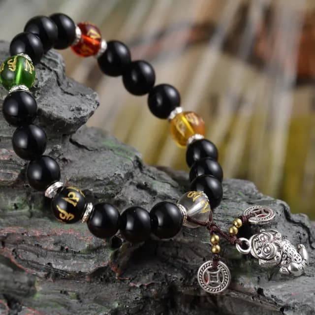 【財神小舖】六字箴言黑曜石手鍊 貔貅咬錢(已開光 開運手鍊 招財 高雄進寶財神廟 保平安)