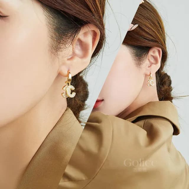 【Golicc】耳環 動人雙C 精緻鋯石(雙11 聖誕節 生日 飾品 耳釘 耳飾 耳墜 禮物)