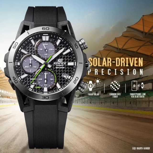 【CASIO 卡西歐】EDIFICE 碳纖維賽車太陽能三眼計時手錶 畢業禮物 送禮(EQS-960PB-1AV)