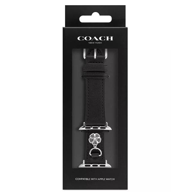 【COACH】Apple Watch 錶帶 38/40mm 適用 茶花吊飾皮錶帶 - 黑色 母親節 送禮 禮物(不含手錶)