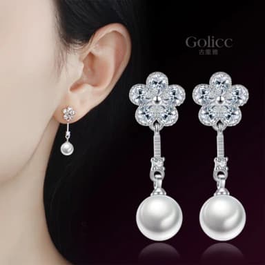 【Golicc】耳環 典雅花朵 垂墜珍珠(母親節 生日 情人節 飾品 耳釘 耳飾 耳墜 禮物)