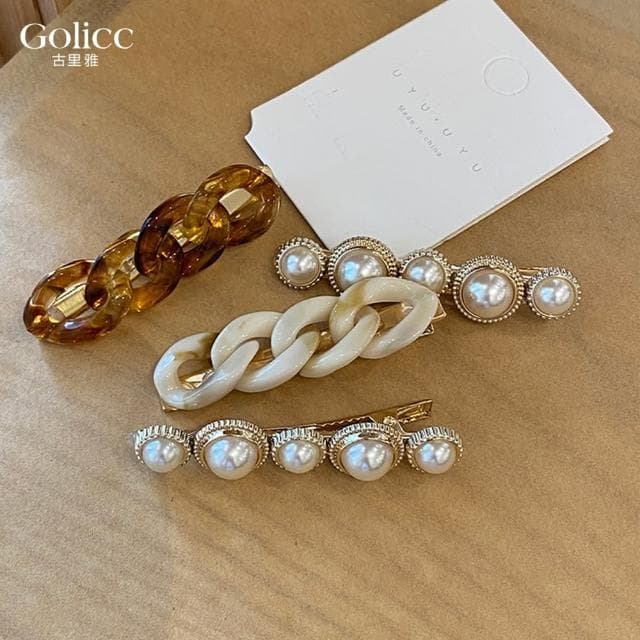 【Golicc】髮夾 復古鍊條+氣質珍珠 2入組 瀏海夾(母親節 生日 情人節 髮飾 頭飾 鯊魚夾 抓夾 禮物)
