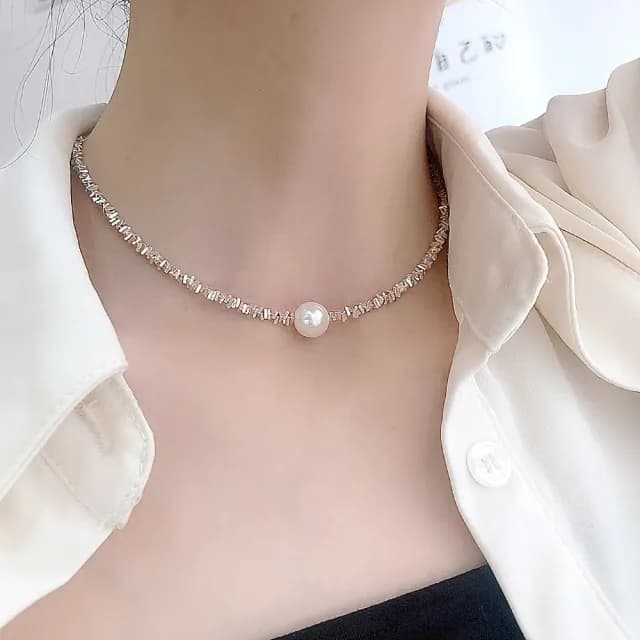 【高級設計感】925純銀都會女子鎖骨珍珠項鍊(日常可 簡約 襯衫穿搭 毛衣鏈 頸鍊 短鍊 女 生日禮物)