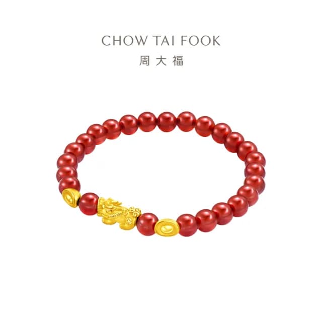 【周大福】雙元寶貔貅紅玉髓黃金手鍊