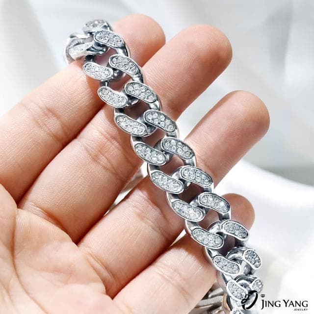 【JING YANG 晶漾】白鋼華麗蘇聯鑽古巴男手鍊粗鍊款(生日禮物、送禮)
