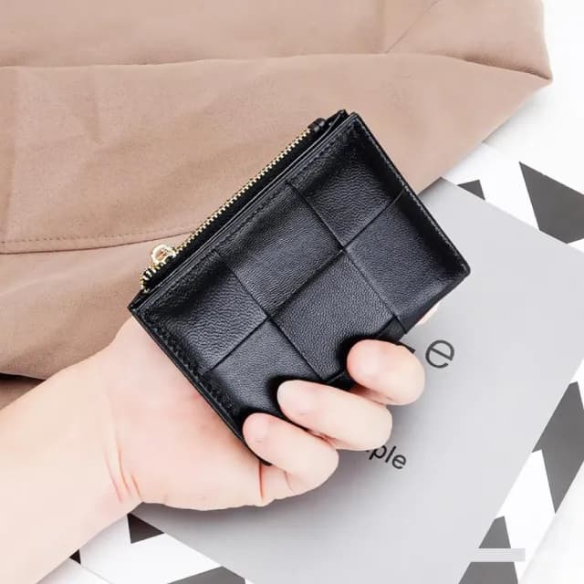 【韓系小品】小羊皮格紋編織短夾(皮夾 零錢包 卡夾 小卡包 皮包 信用卡 信用卡包