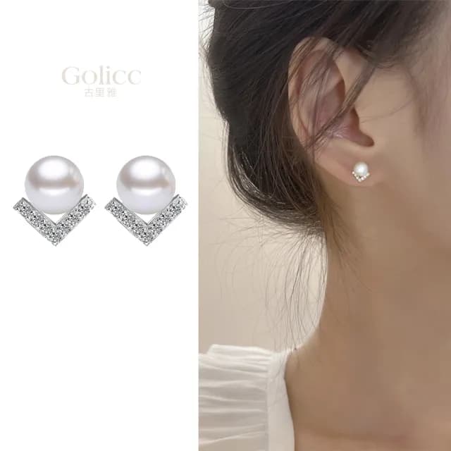 【Golicc】耳環 氣質優雅 珍珠V字鑲鑽(七夕 情人節 生日 髮飾 頭飾 鯊魚夾 抓夾 禮物)