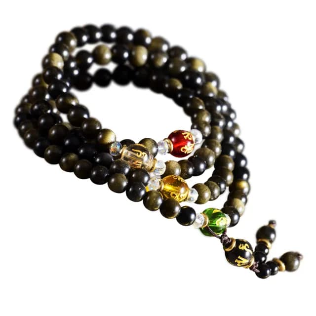 【財神小舖】108珠六字箴言金曜石手鍊/招財/排除負面能量(開運手鍊-已開光/黑曜石金曜石/佛珠/念珠/項鏈)