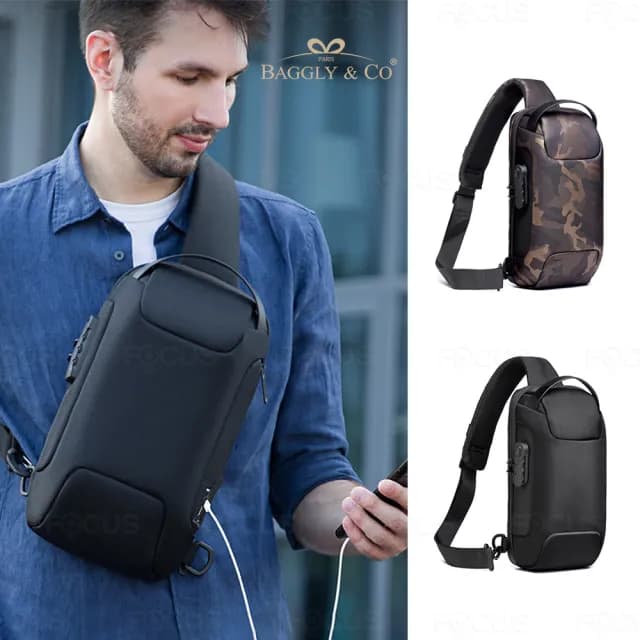 【BAGGLY&CO】父親節禮物 雷恩防盜密碼鎖男士休閒肩背胸包/附USB線(迷彩色/黑色)