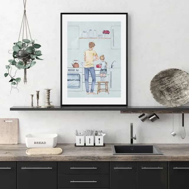 【菠蘿選畫所】和爸爸的烹飪時光 - 50x70cm(手繪親子掛畫/父親節禮物/遊戲房佈置/菠蘿選畫所)