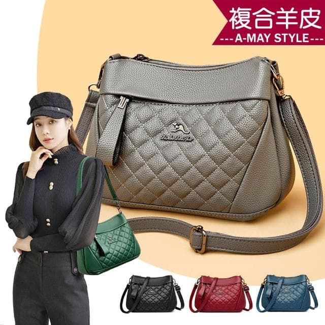 【Amay Style 艾美時尚】女包 真皮包 肩背包 斜背包 優雅小香風菱格羊皮多層收納側肩斜背包(5色.預購)