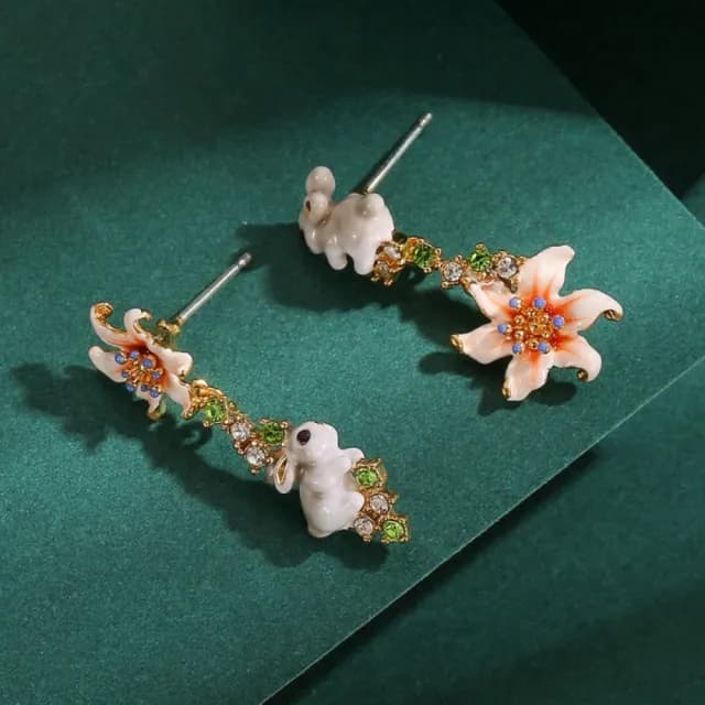 【巴黎精品】現貨+預購 耳環琺瑯耳飾(兔子百合花朵不對稱女飾品a1gf10)