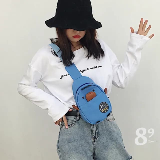 【89 zone】父親節禮物 日系可愛甜心小鴨 單肩包 帆布包 腰包 手提包(黃/黑/白/藍)