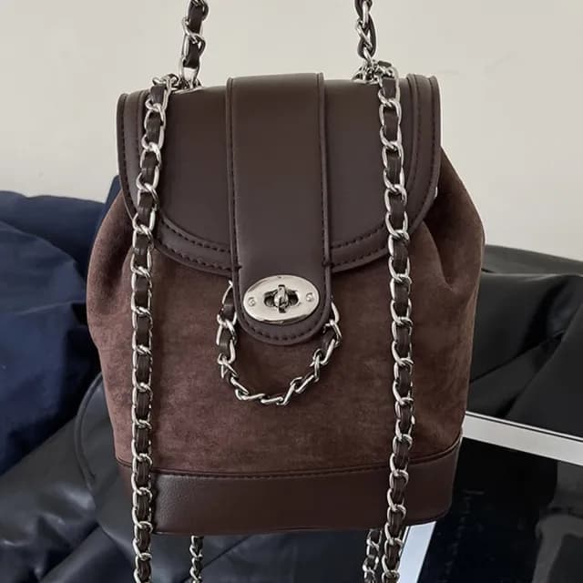 【LEESA】情人節禮物 小香風包包\磨砂皮包包\美拉德包包\復古後背包\包包\水桶後背包\小背包\水桶包\鏈條肩