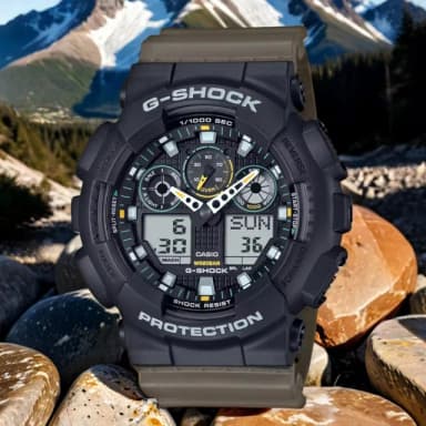 【CASIO 卡西歐】G-SHOCK 卡其色系雙顯手錶 送禮 禮物 推薦(GA-100TU-1A3)