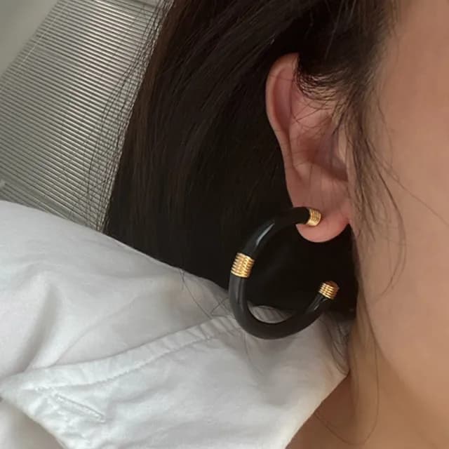 【LEEHER】圈圈耳環/純銀耳環/夾式耳環/C形耳環/大耳環/耳圈/珐琅耳環/歐美耳環/復古耳環/