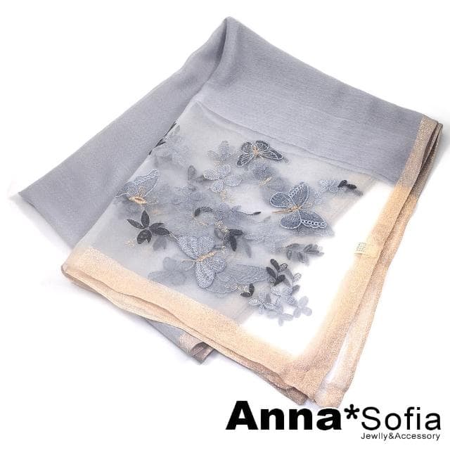 【AnnaSofia】真絲羊毛混紡大尺寸披肩絲巾圍巾-夢蝶紛飛 現貨(淺灰系)