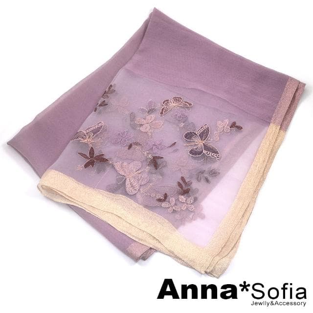 【AnnaSofia】真絲羊毛混紡大尺寸披肩絲巾圍巾-夢蝶紛飛 現貨(藕紫粉系)